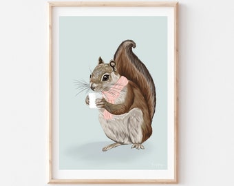 Squirrel drinking Coffee Print, Squirrel Art Print, Woodland Animal Art Print, Nursery Art, Nursery Wall Decor, Cute Wall Art, Kids Art,