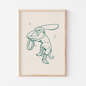 stampa gatto cowboy verde / stampa arte retrò / arte vintage / arte murale western / stampa gatto / arredamento alla moda / arte gatto western / arte funky / arte gatto