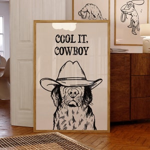 coole cowboy zwarte kunstprint | retroprint | vintage kunst | blauwe muurkunst hond | Westernhondenprint | trendy inrichting | digitale download | kunst