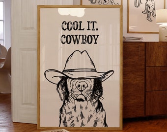 cool it cowboy black art print | retro print | vintage art | blue wall art dog | western dog print | trendy decor | digital download | art