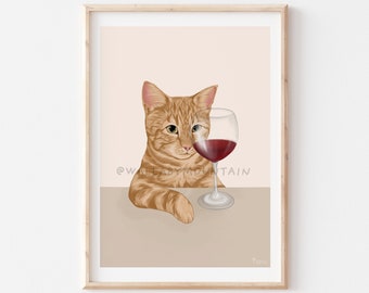 Wine Cat Print, Ginger Wine Cat Art Print, Funny Cat Print, Cat Poster, Cat Lover Gift, Wine Print, Funny Cat Art Print, Cat Wall Art, Cat,