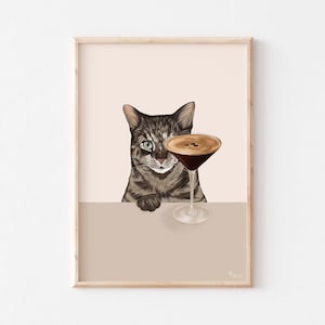 Impresión de gato atigrado de cóctel, impresión de gato de cóctel, impresión de gato divertido, póster de gato, impresión de cóctel, impresión artística de gato divertido, arte de cóctel, regalo de gato, bar