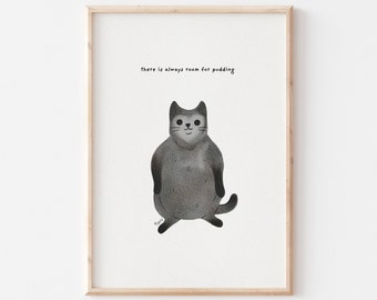 Funny Black Cat 'Pudding' Art Print - Watercolour Cat Lover Gift