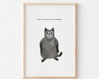 Pudding - printable cat art by wallabymountain, funny cat print, digital download, black cat wall art, cat humour, funny quotes, fat cat art
