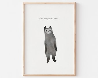 Funny Black Cat 'Dinner Time' Watercolor Art Print