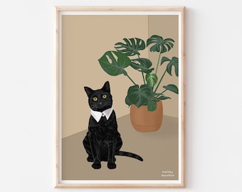 Black Cat Print, Black Cat Art, Plant Print, Cat Print, Cat Poster, Cat Illustration, Cat Lover Gift, Funny Cat Art, Black Cat Illustration,