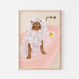 Bath Cat Illustration, Cat Print, Cat Decor, Bath Art Print, Cat Art, Vintage Print, Ginger Cat Print, Cat Lover Gift, Bathroom Print, Cat,