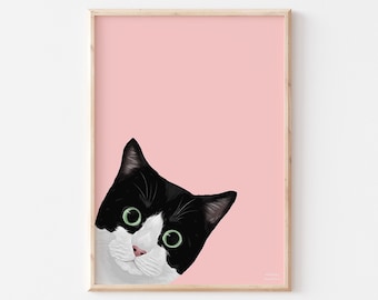 Tuxedo Cat Print: Funny Peeking Cat Art, Black & White Poster