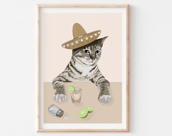 Cat Print, Cat Art, Funny Cat Print, Tequila Cat, Cat Lover Gift, Cat Poster, Cat Wall Art, Christmas Gifts for Her, Cat Lady Gifts,