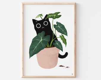 Black Cat Plant Print, Black Cat Art, Funny Cat Print, Cute Cat Print, Cat Lover Gift, Black Cat Gifts, Cat Poster, Cat Lady Gift, Cats,