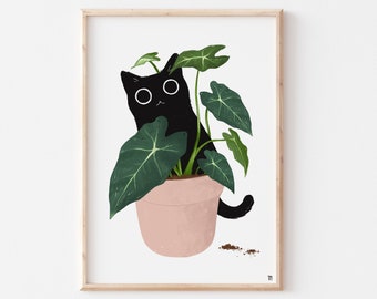 Black Cat Plant Print, Black Cat Art, Funny Cat Print, Cute Cat Print, Cat Lover Gift, Black Cat Gifts, Cat Poster, Cat Lady Gift, Cats,