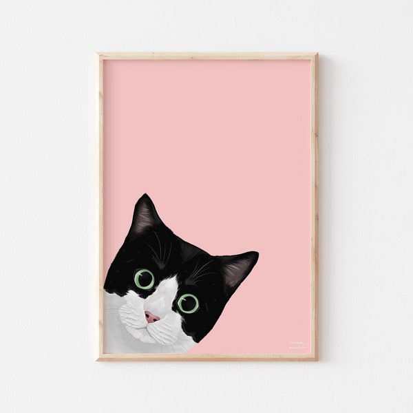 Tuxedo Cat Print: Funny Peeking Cat Art, Black & White Poster
