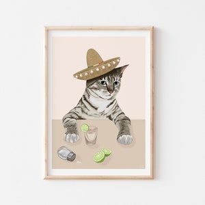 Cat Print, Cat Art, Funny Cat Print, Tequila Cat, Cat Lover Gift, Cat Poster, Cat Wall Art, Christmas Gifts for Her, Cat Lady Gifts,
