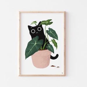 黒猫の植物プリント、黒猫のアート、面白い猫のプリント、かわいい猫のプリント、猫好きへのギフト、黒猫のギフト、猫のポスター、猫好きの女性へのギフト、猫、