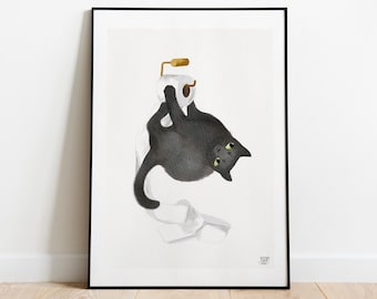 Black Cat Watercolor Print: Funny Bathroom Wall Art