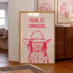 cool it cowgirl art print pink | retro print | vintage art | pink wall art dog | western dog print | trendy decor | western poster art trend