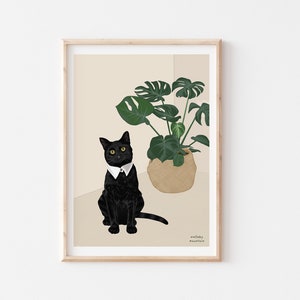 Black Cat Print, Black Cat Art, Cat Lover Gift, Cat Wall Decor, Cat Gifts, Cat Wall Art, Gifts for Her, Plant Print, Monstera, Mothers Day,