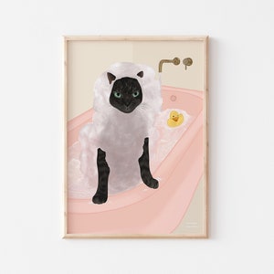 Impressão artística de gato preto tomando banho de espuma, pôster de gato para banheiro