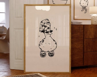 cool duck in slippers art print | retro print | vintage art | bathroom wall art | duck poster | trendy decor | funky art | digital download
