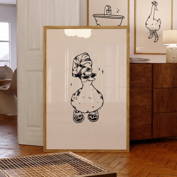 cool duck in slippers art print black | retro print | vintage art | bathroom wall art | duck print | trendy decor | digital download | funky