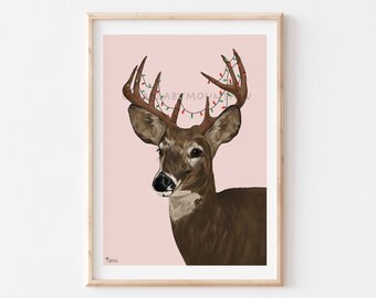 Christmas Deer Art Print, Vintage Style Animal Wall Decor