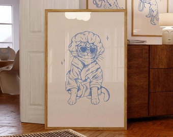 cool cat after bath blue print | retro print | vintage art | bathroom wall art | cat print | cat art | trendy decor | digital download art