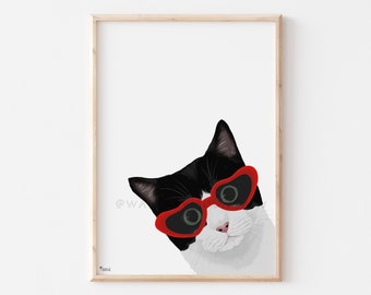 Classy Cat Print, Vintage Peeking Cat Art, cat wearing glasses, Retro Cat Print, Vintage Cat Poster, Funny Cat Art, Bathroom Wall Art Cat,