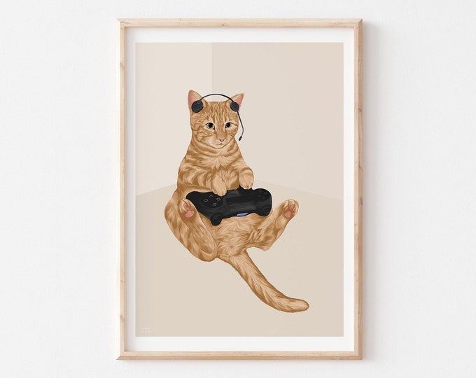 Gamer Cat Print, Cat Art, Gamer Room Decor, Cat Print, Ginger Cat Print, Gamer Gifts, Gifts for Him, Cat Lover Gift, Gamer Print, Cat Poster