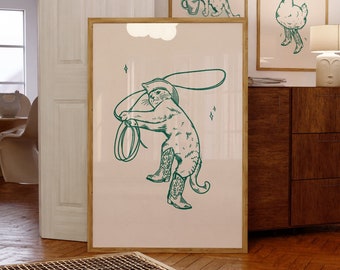 Impresión artística de gato vaquero / impresión retro / arte de pared occidental / impresión de gato divertido / arte de vaquero / arte de pared verde impresión de gato vaquero arte de descarga digital