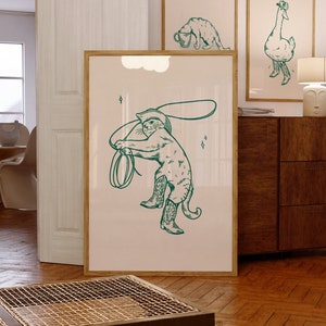 Cowboy Katze grüner Druck | Retro Kunstdruck | Vintage Kunst | Western Wandbild | Katzenmotiv | trendiges Dekor | digitaler Download | flippige Kunst | drucken