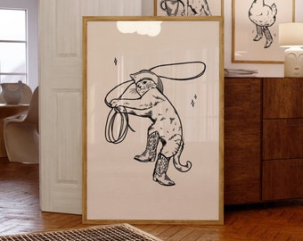Impresión artística de gato vaquero / impresión retro / arte de pared occidental / impresión de gato divertido / arte de vaquero / arte de pared negro / impresión de gato vaquero descarga digital