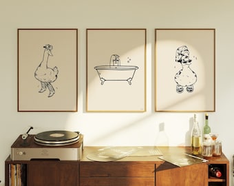 Retro Bath Duck Print Set: Quirky Bathroom Wall Art (Digital Download)