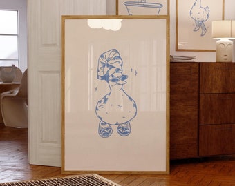 cool duck in slippers art print blue | retro print | vintage art | bathroom wall art | duck print | trendy decor | digital download | funky