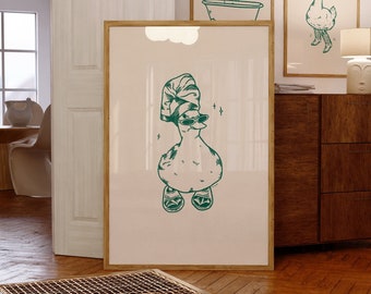 cool duck in slippers art print green | retro print | vintage art | bathroom wall art | duck print | trendy decor | digital download | funky