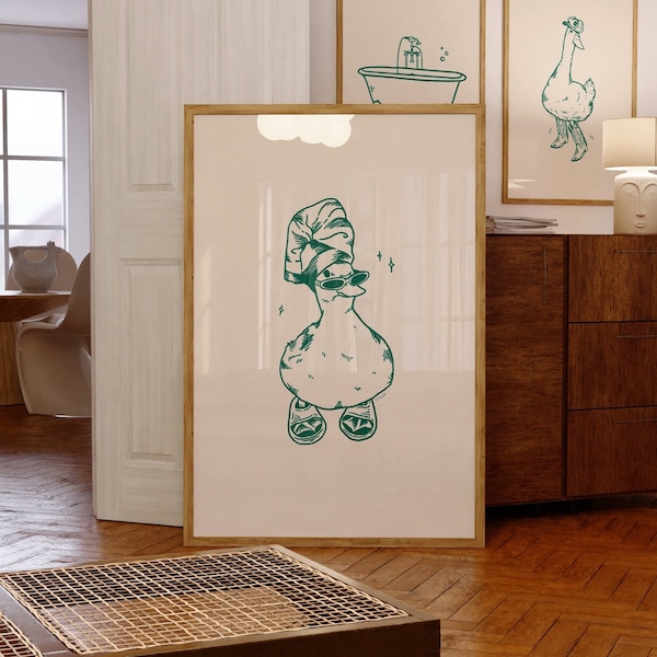 cool duck in slippers art print green | retro print | vintage art | bathroom wall art | duck print | trendy decor | digital download | funky