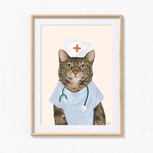 Nurse Cat Print, Cat Wall Art, Cat Poster, Gift for Nurse, Tabby Cat Print, Cat Wall Decor, Cat Lover Gift, Nurse Art Print, Nurse Gifts,