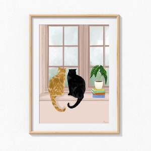 Two Cats Looking Outside Window, Beautiful Wall Art of Cats Sitting on Window sill, Black Cat Art, Ginger Cat Print, Ginger Cat Art, Plant,