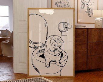 Retro Toilet Cat Art Print: Funny Bathroom Decor (Digital Download)