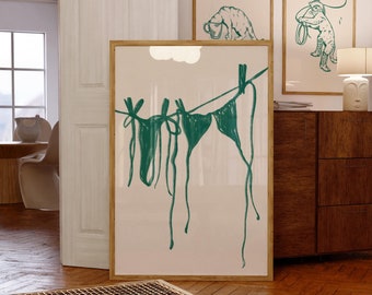 bikini hanging print green art | retro print | it girl laundry | trendy print | euro summer girly | bedroom wall art digital download poster