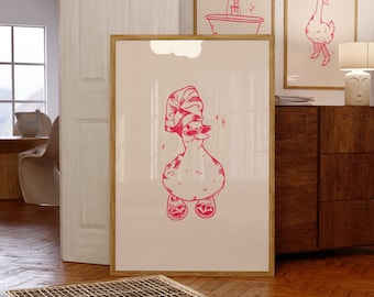 cool duck in slippers pink art print | bathroom wall art | retro print | vintage art | duck poster | pink print | funky art digital download