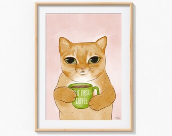 Ginger Cat Watercolor Print, Coffee Lover Gift