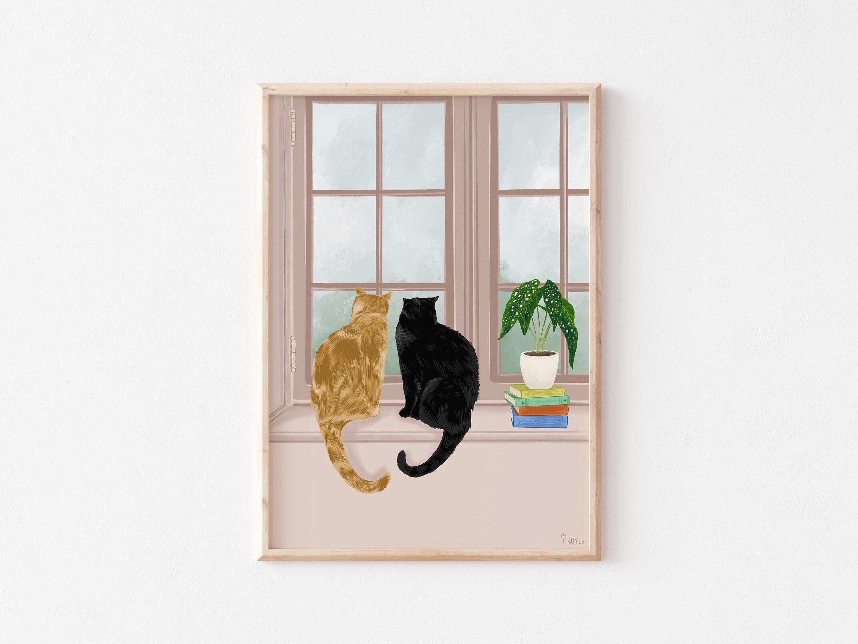 Two Cats Window Art Print: Black Cat, Ginger Cat, Peaceful