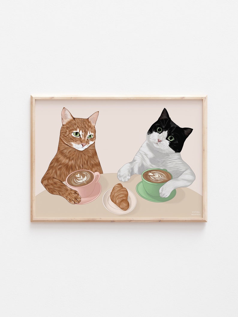 Coffee Cats Print, Best Friend Print, Cat Poster, Funny Cat Print, Cat Lover Gift, Birthday Gift for Her, Coffee Print, Tuxedo Cat Print, image 1