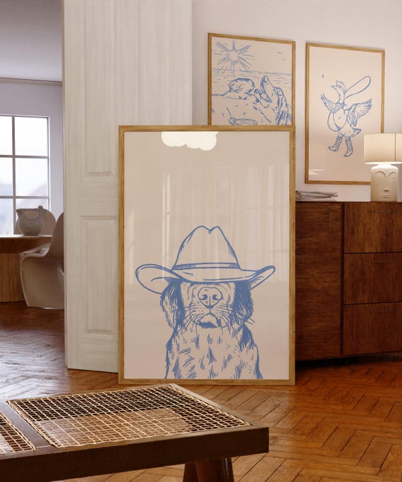 cowboy dog blue art print | retro print | vintage art | blue wall art dog | western dog print | trendy decor | digital download | art