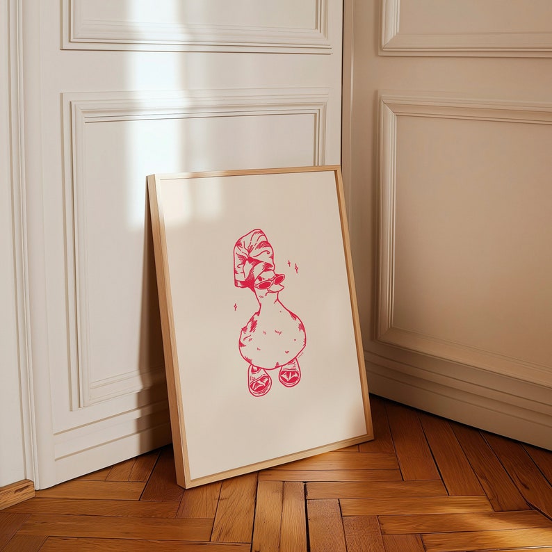 duck print, duck art, duck poster, pink poster, trendy bathroom art, bathroom poster, printable art, printable bathroom art, bathroom print, duck in slippers print, duck in slippers after bath art, it girl, trendy poster, cute art, modern art,