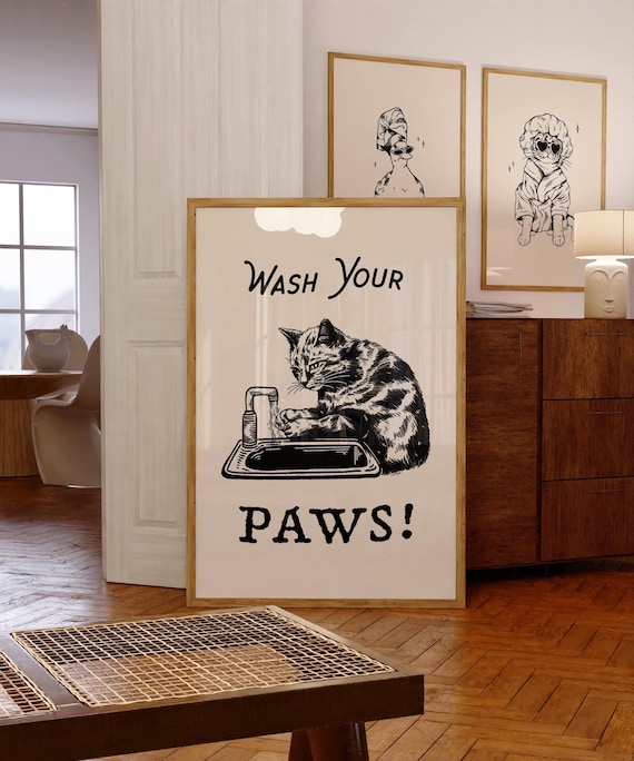 【CAT】　vintage poster Wash Your Paws Cat Print | Vintage Bathroom Poster | Cat Art