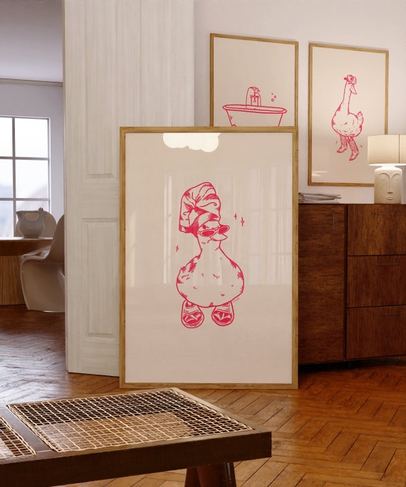 cool duck in slippers pink art print | bathroom wall art | retro print | vintage art | duck poster | pink print | funky art digital download