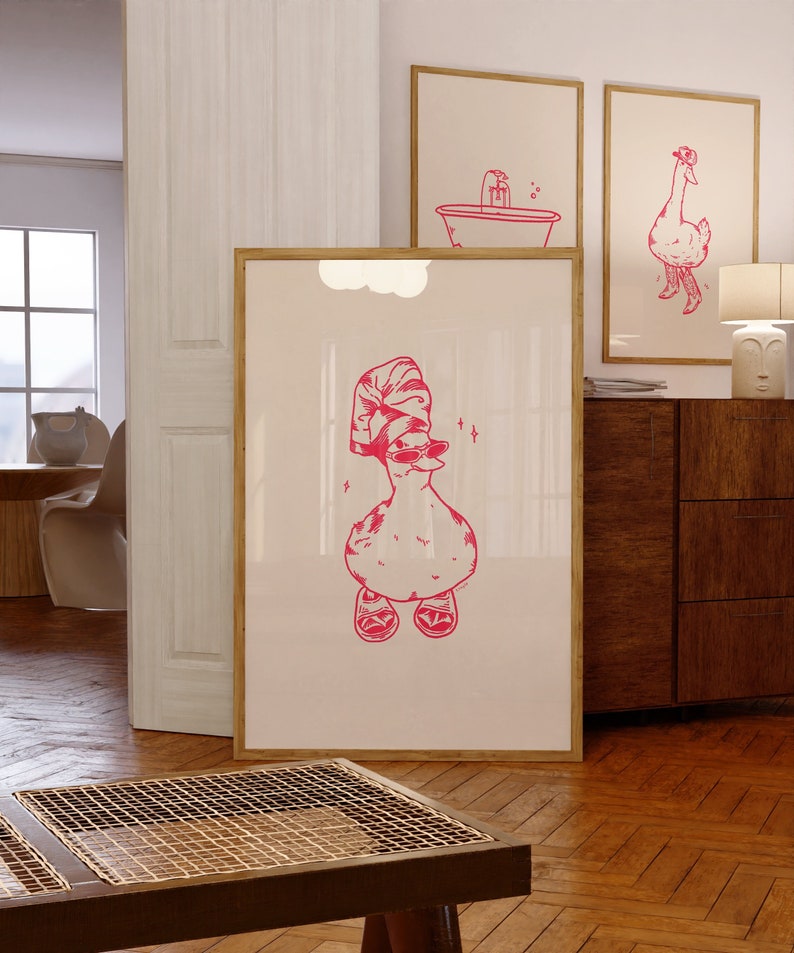 duck print, duck art, duck poster, pink poster, trendy bathroom art, bathroom poster, printable art, printable bathroom art, bathroom print, duck in slippers print, duck in slippers after bath art, it girl, trendy poster, cute art, modern art,