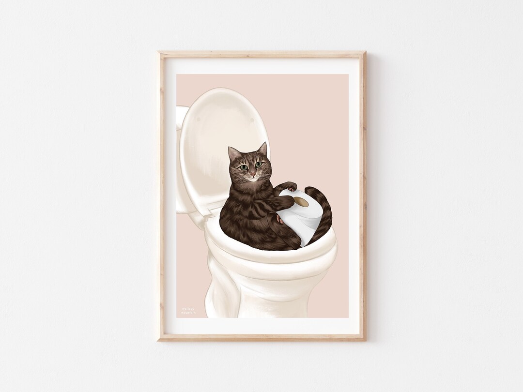Cat on Toilet Print, Bathroom Cat Print, Cat Art, Bathroom Art ...