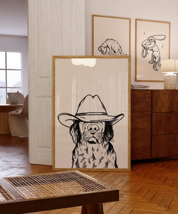 cowboy dog black art print | retro print | vintage art | black wall art dog | western dog print | trendy decor | digital download | art